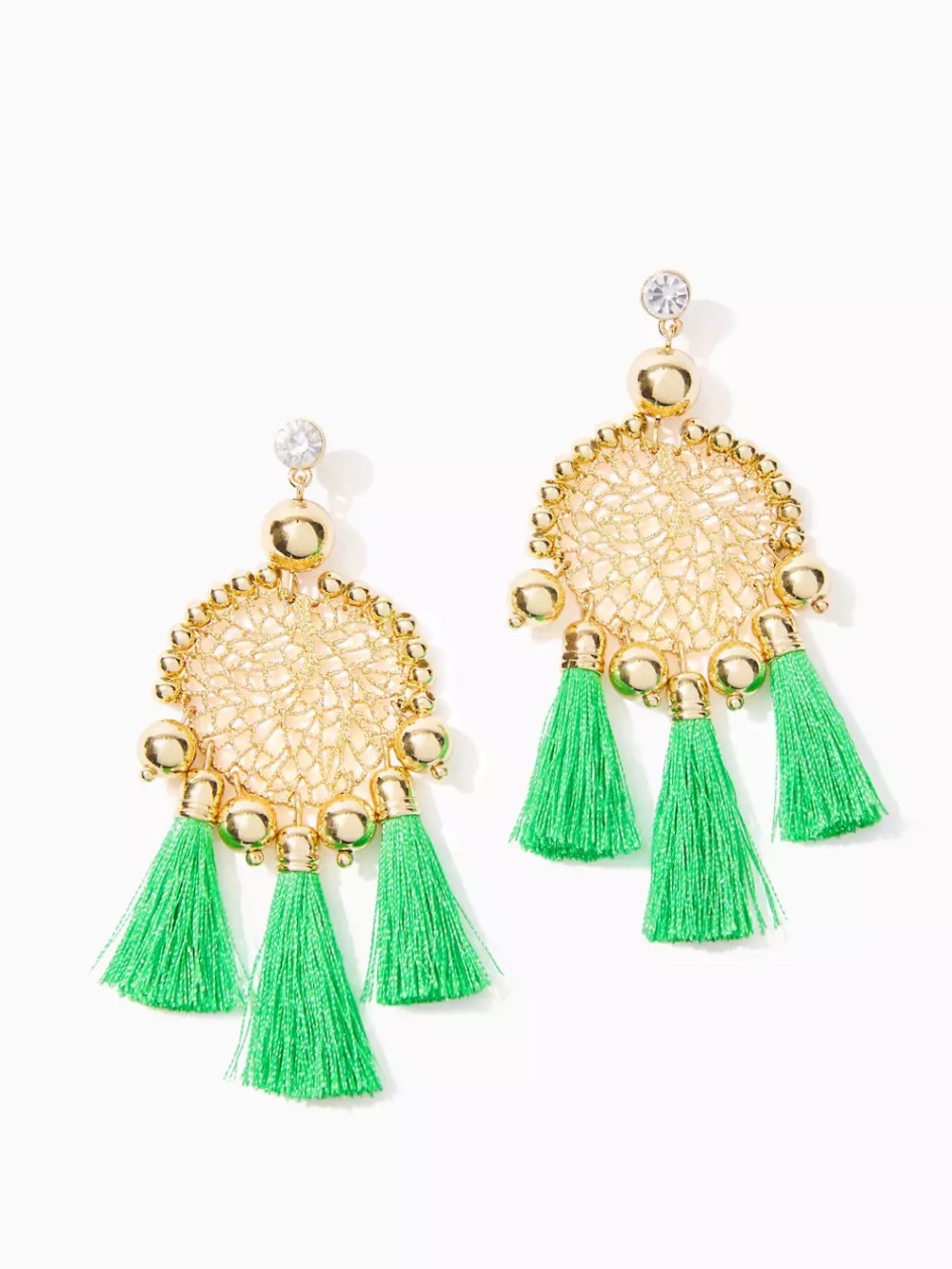 Lilly Pulitzer Gold Medallion Earrings with Bright Green Tassels